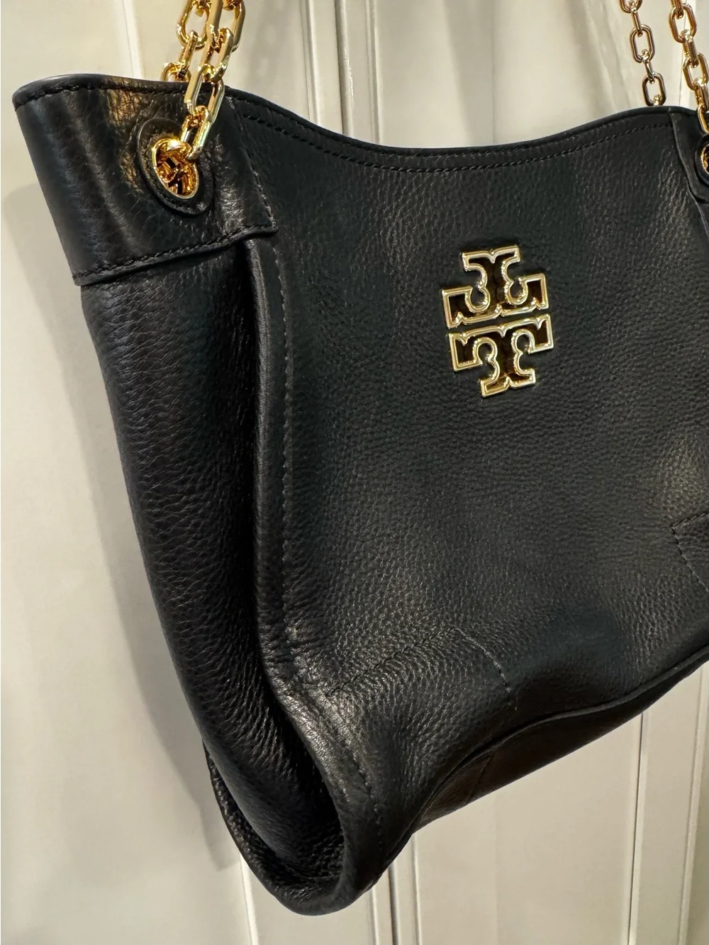 Tory Burch Black Leather Shoulder Tote with Gold Logo & Chain